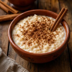 Arroz con leche servido en un tazón de barro artesanal, espolvoreado con canela y decorado con una rama de canela sobre una mesa de madera rústica.