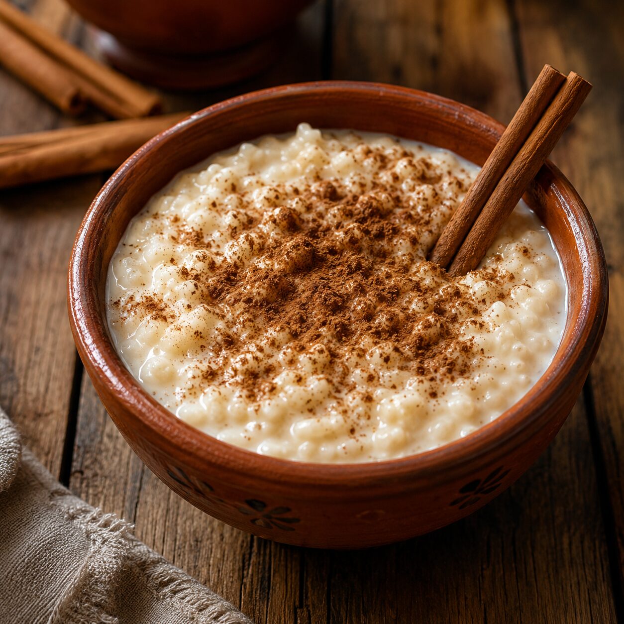 Arroz con leche servido en un tazón de barro artesanal, espolvoreado con canela y decorado con una rama de canela sobre una mesa de madera rústica.