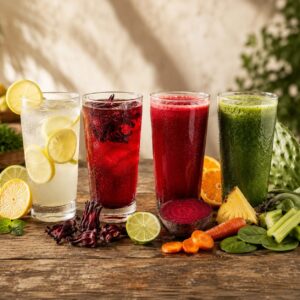 Cuatro bebidas naturales sobre una mesa de madera rústica: agua de limón, agua de jamaica, jugo vampiro y jugo verde con ingredientes frescos alrededor. jugos y aguas