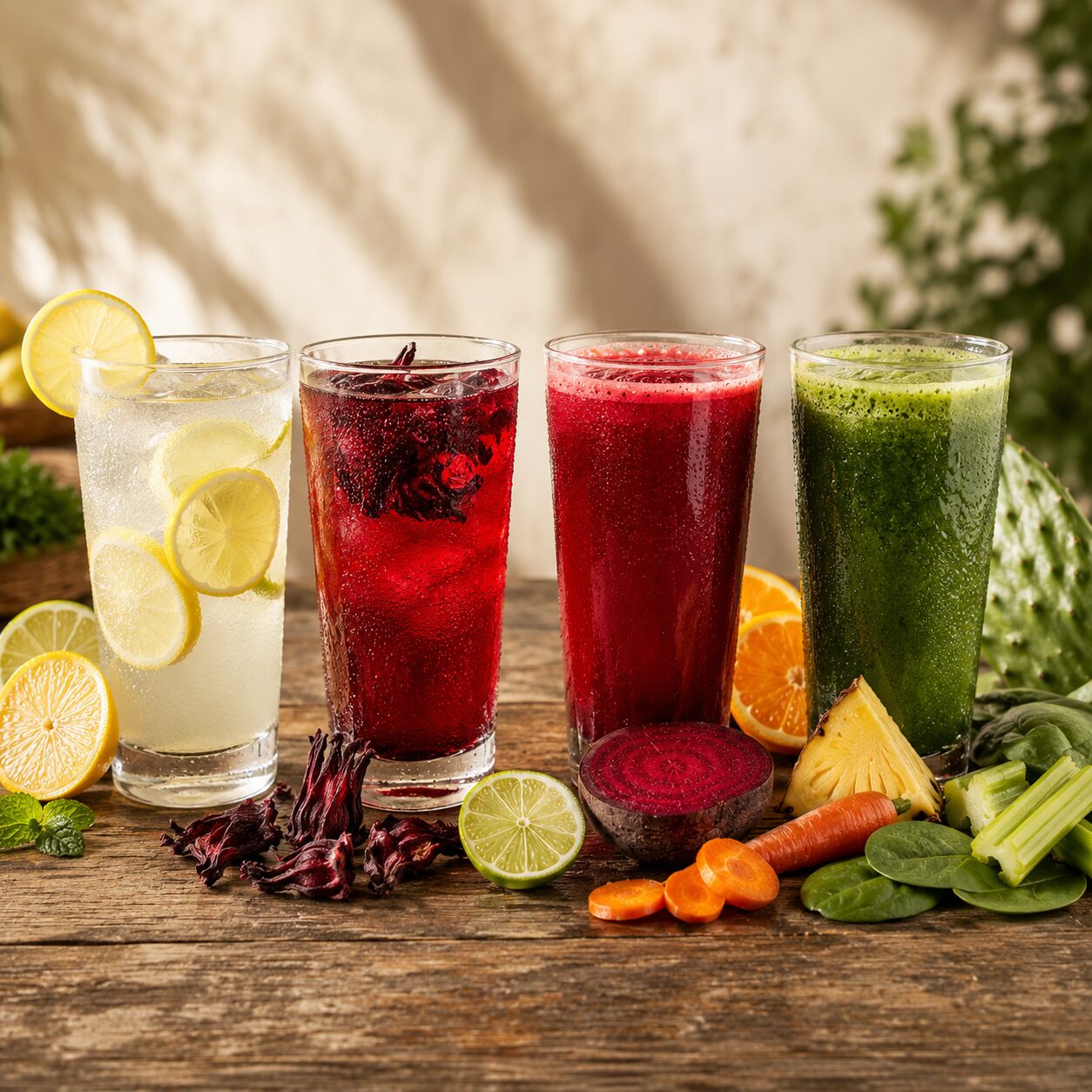 Cuatro bebidas naturales sobre una mesa de madera rústica: agua de limón, agua de jamaica, jugo vampiro y jugo verde con ingredientes frescos alrededor. jugos y aguas