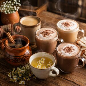 Selección de bebidas calientes con café de olla, Nescafé Clásico, cappuccino clásico, latte, moka y té de manzanilla servidas en una mesa de madera rústica. cafe y té