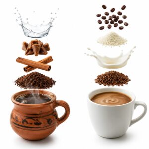 Café de olla y Nescafé clásico con ingredientes flotando: café, canela, piloncillo, crema, café soluble y granos de café sobre fondo blanco.
