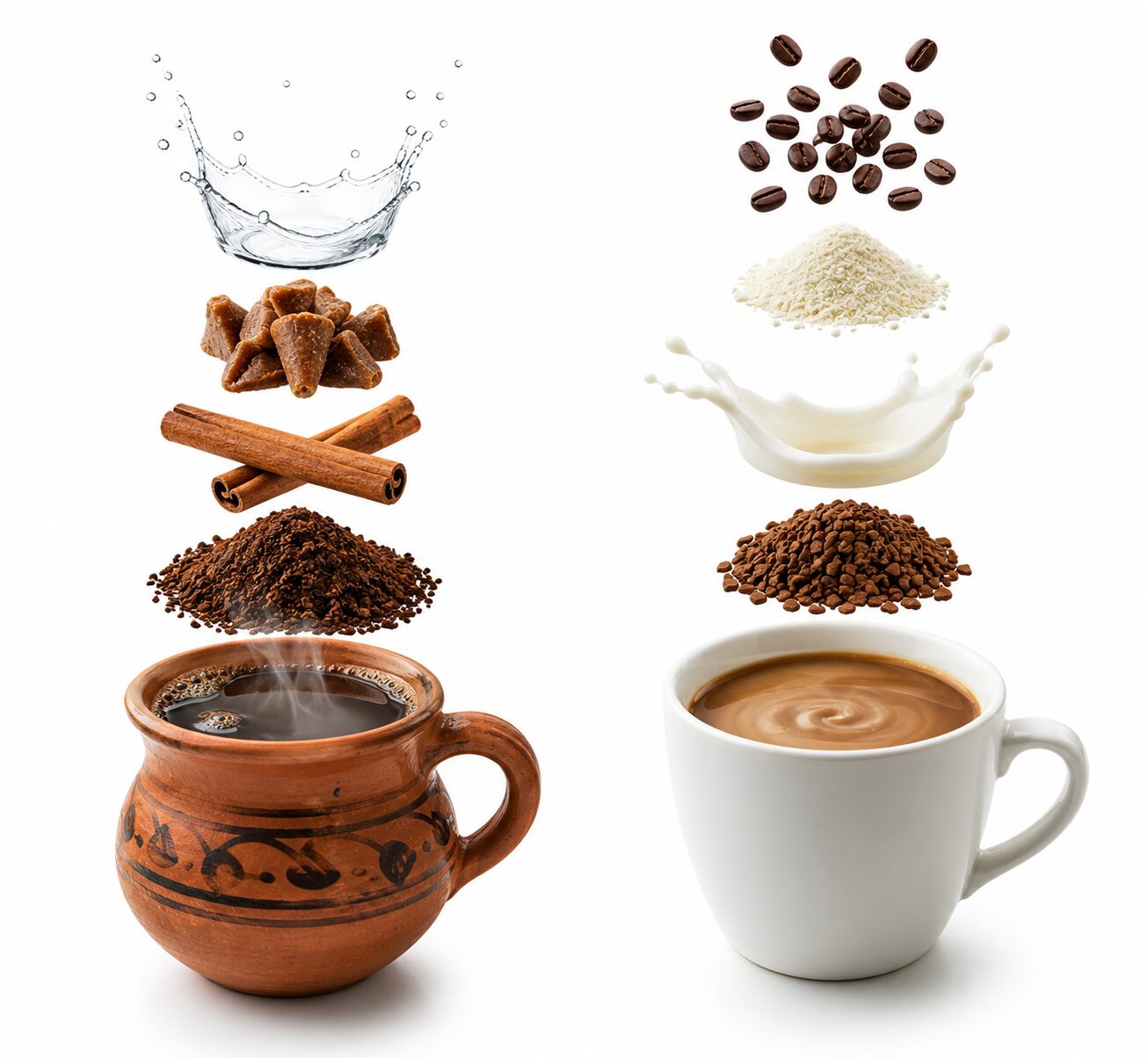 Café de olla y Nescafé clásico con ingredientes flotando: café, canela, piloncillo, crema, café soluble y granos de café sobre fondo blanco.