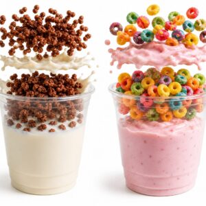 Vasos de cereal con ingredientes flotando: Choco Krispis con leche y Froot Loops con yogurt de fresa sobre fondo blanco.