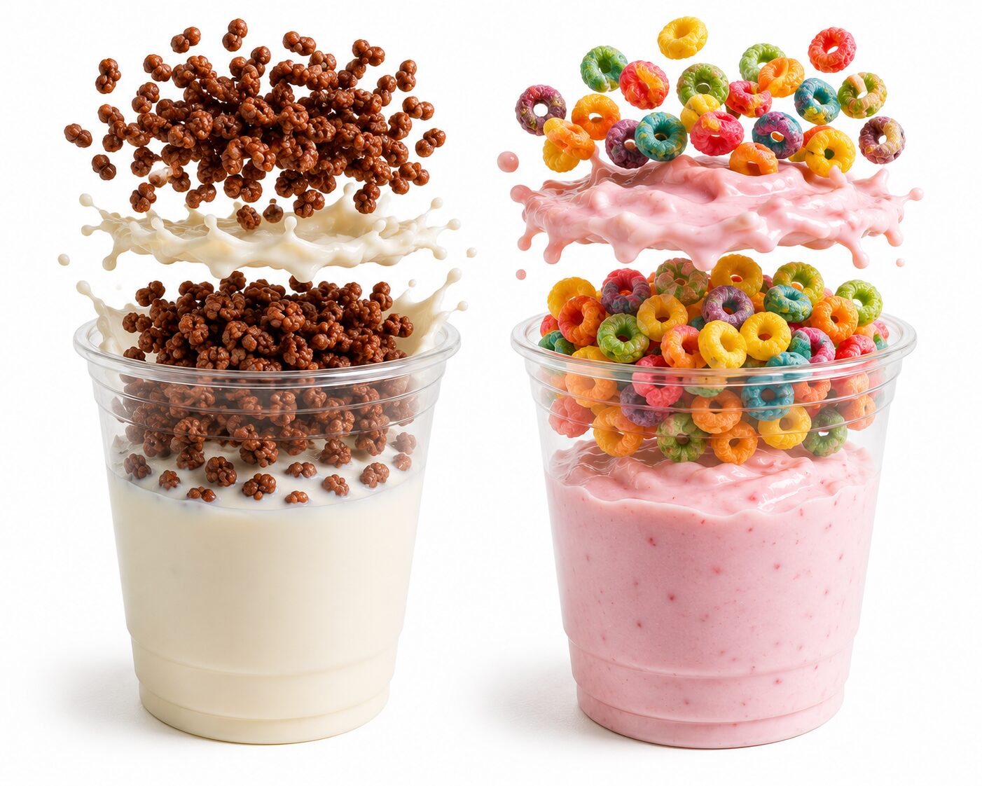 Vasos de cereal con ingredientes flotando: Choco Krispis con leche y Froot Loops con yogurt de fresa sobre fondo blanco.