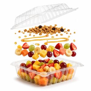 Charola transparente con fruta fresca, miel y granola mostrando ingredientes flotando y tapa abierta sobre fondo blanco.