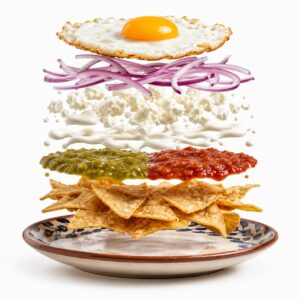 Chilaquiles mexicanos en plato con ingredientes flotando: totopos, salsa verde y roja, crema, queso, cebolla y huevo estrellado sobre fondo blanco.