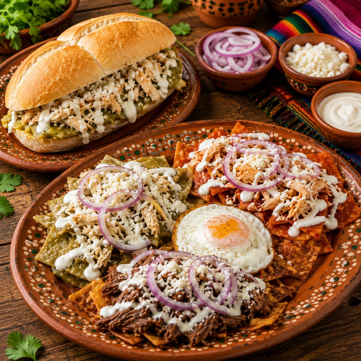 Chilaquiles rojos y verdes con pollo, carne y huevo, acompañados de torta de chilaquiles recién preparada en Delicias Rústicas.