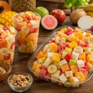 Cóctel de fruta fresca en presentación de 14 oz, 16 oz y charola con melón, papaya, piña, plátano, jícama, manzana, mango y frutas de temporada.
