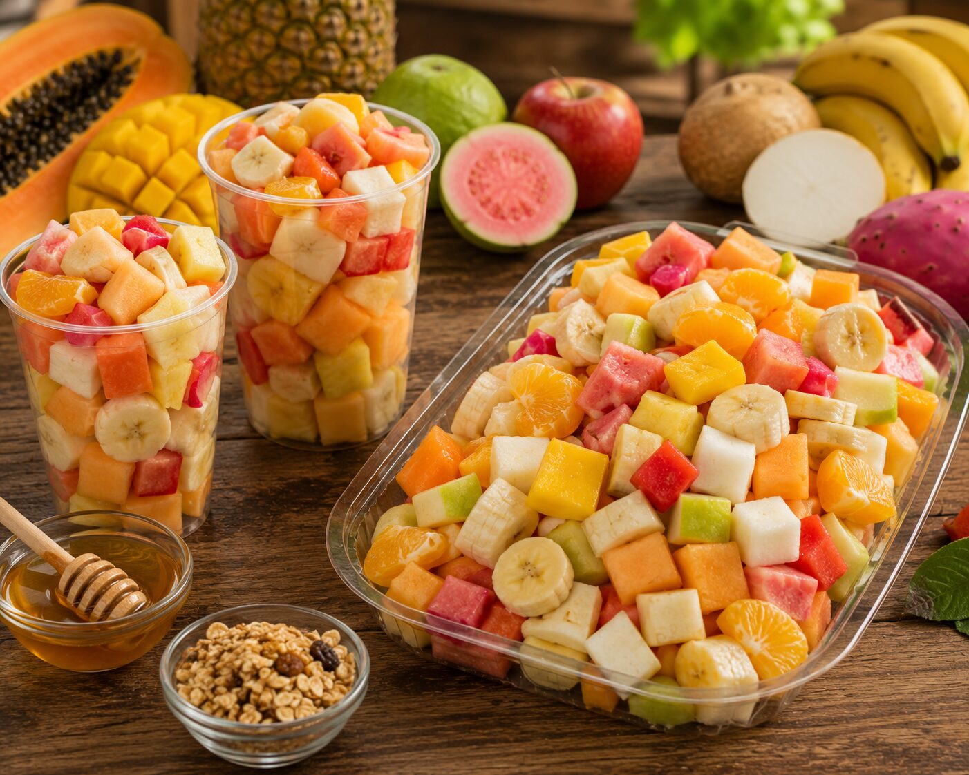 Cóctel de fruta fresca en presentación de 14 oz, 16 oz y charola con melón, papaya, piña, plátano, jícama, manzana, mango y frutas de temporada.