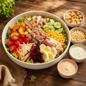 Ensalada fresca en tazón blanco con lechuga, betabel, jícama, zanahoria, tomate cherry, pepino, maíz, durazno, pollo, atún, jamón con queso, huevo cocido y aderezos sobre mesa de madera rústica.