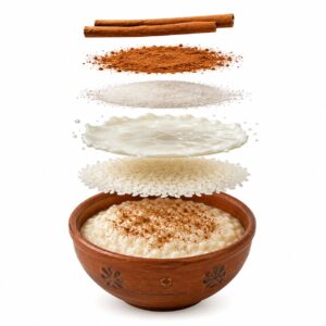 Vista explotada de un arroz con leche mostrando sus ingredientes suspendidos en el aire sobre un tazón de barro con fondo blanco.