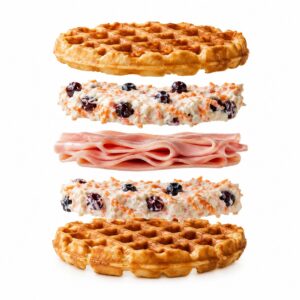 Vista explotada de un DeliWaffle con waffles, untable de queso crema con zanahoria y arándanos, y jamón, mostrando cada capa suspendida sobre fondo blanco.