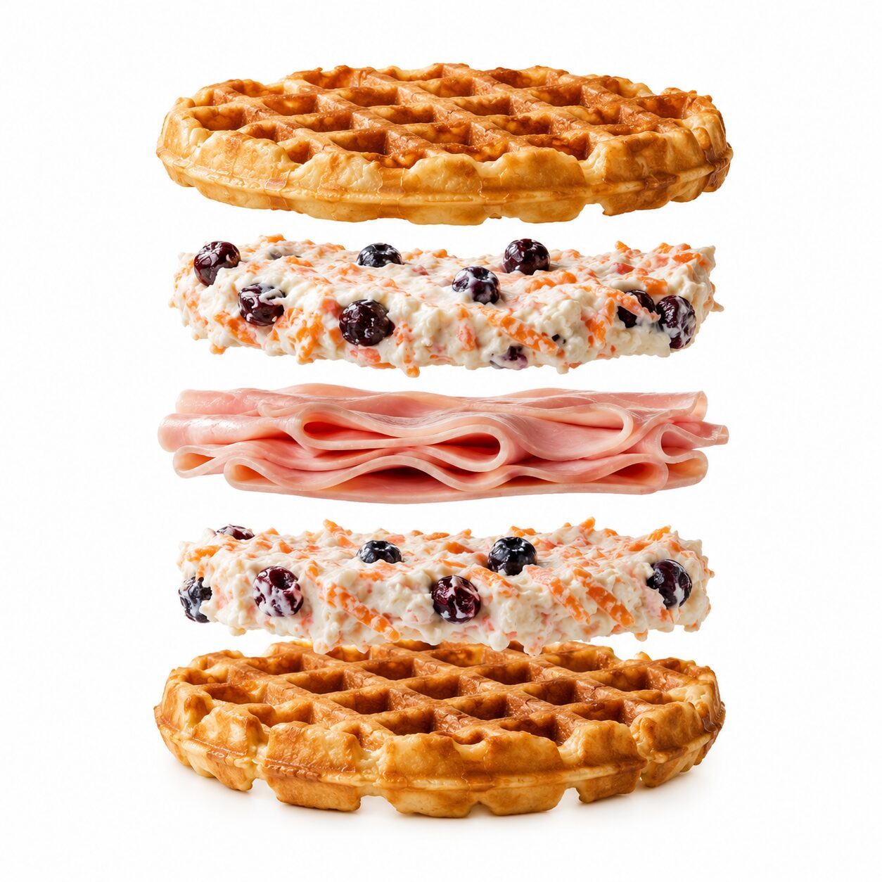Vista explotada de un DeliWaffle con waffles, untable de queso crema con zanahoria y arándanos, y jamón, mostrando cada capa suspendida sobre fondo blanco.