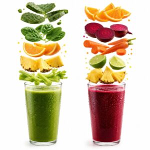 Jugo verde y jugo vampiro con ingredientes flotando: nopal, espinaca, naranja, piña y apio; además de naranja, betabel, zanahoria, limón y piña sobre fondo blanco.