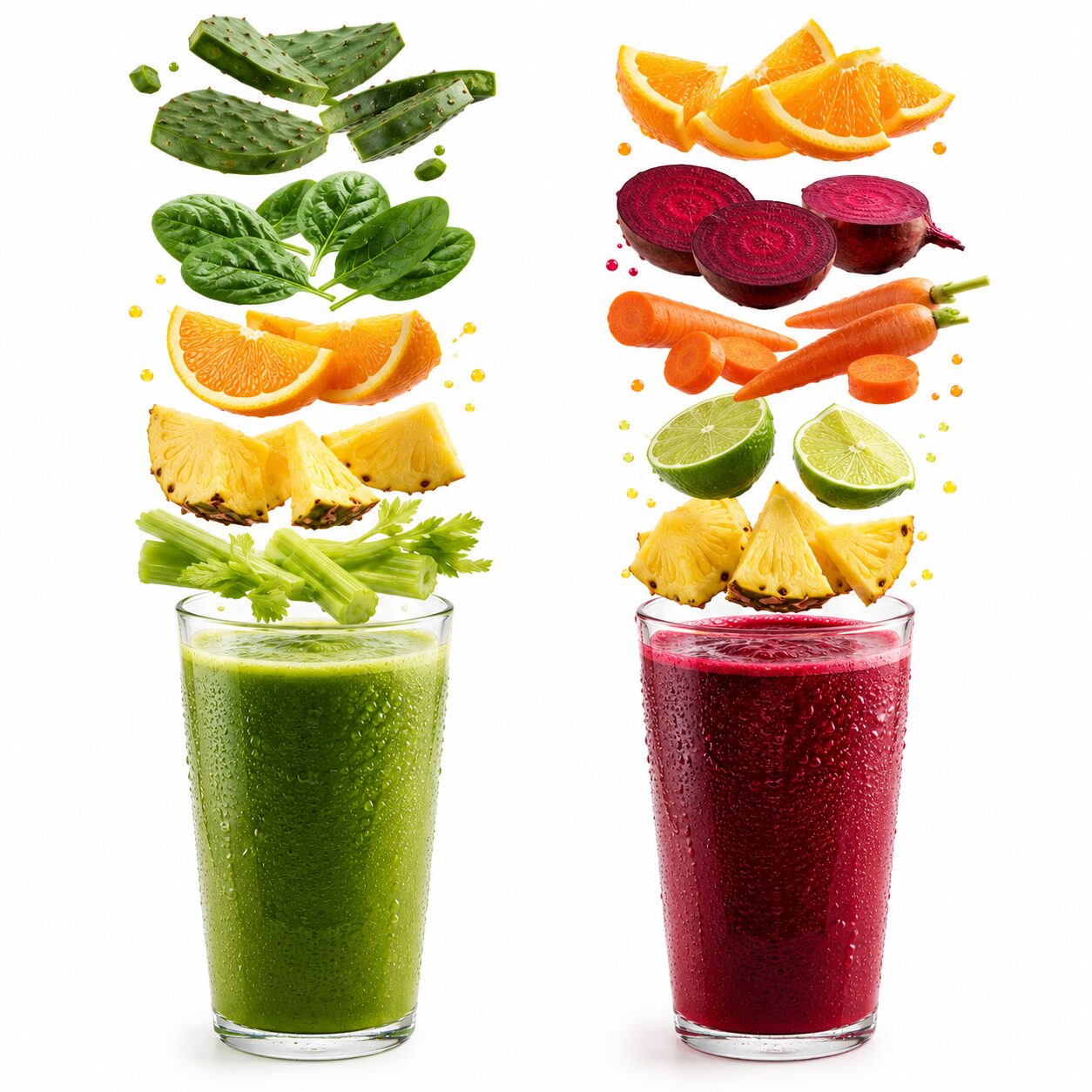 Jugo verde y jugo vampiro con ingredientes flotando: nopal, espinaca, naranja, piña y apio; además de naranja, betabel, zanahoria, limón y piña sobre fondo blanco.