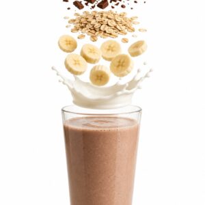 Licuado de plátano con avena y chocolate mostrando leche, plátano, avena y chocolate en ingredientes flotantes sobre un vaso de cristal y fondo blanco.