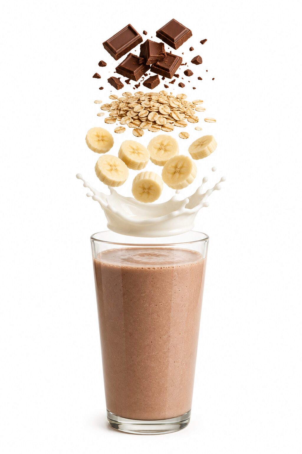 Licuado de plátano con avena y chocolate mostrando leche, plátano, avena y chocolate en ingredientes flotantes sobre un vaso de cristal y fondo blanco.