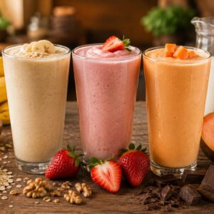 Licuados naturales de plátano, fresa y mamey preparados con leche e ingredientes frescos sobre una mesa de madera rústica.