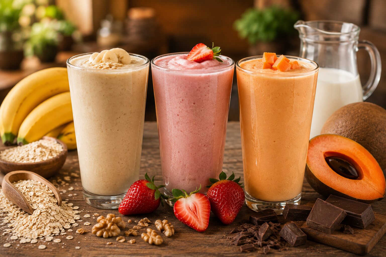 Licuados naturales de plátano, fresa y mamey preparados con leche e ingredientes frescos sobre una mesa de madera rústica.
