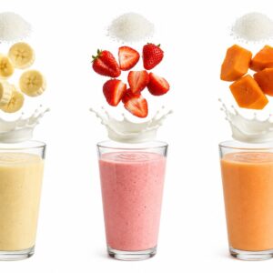 Licuados de plátano, fresa y mamey con ingredientes flotando: leche, fruta fresca y azúcar sobre vasos de cristal y fondo blanco.