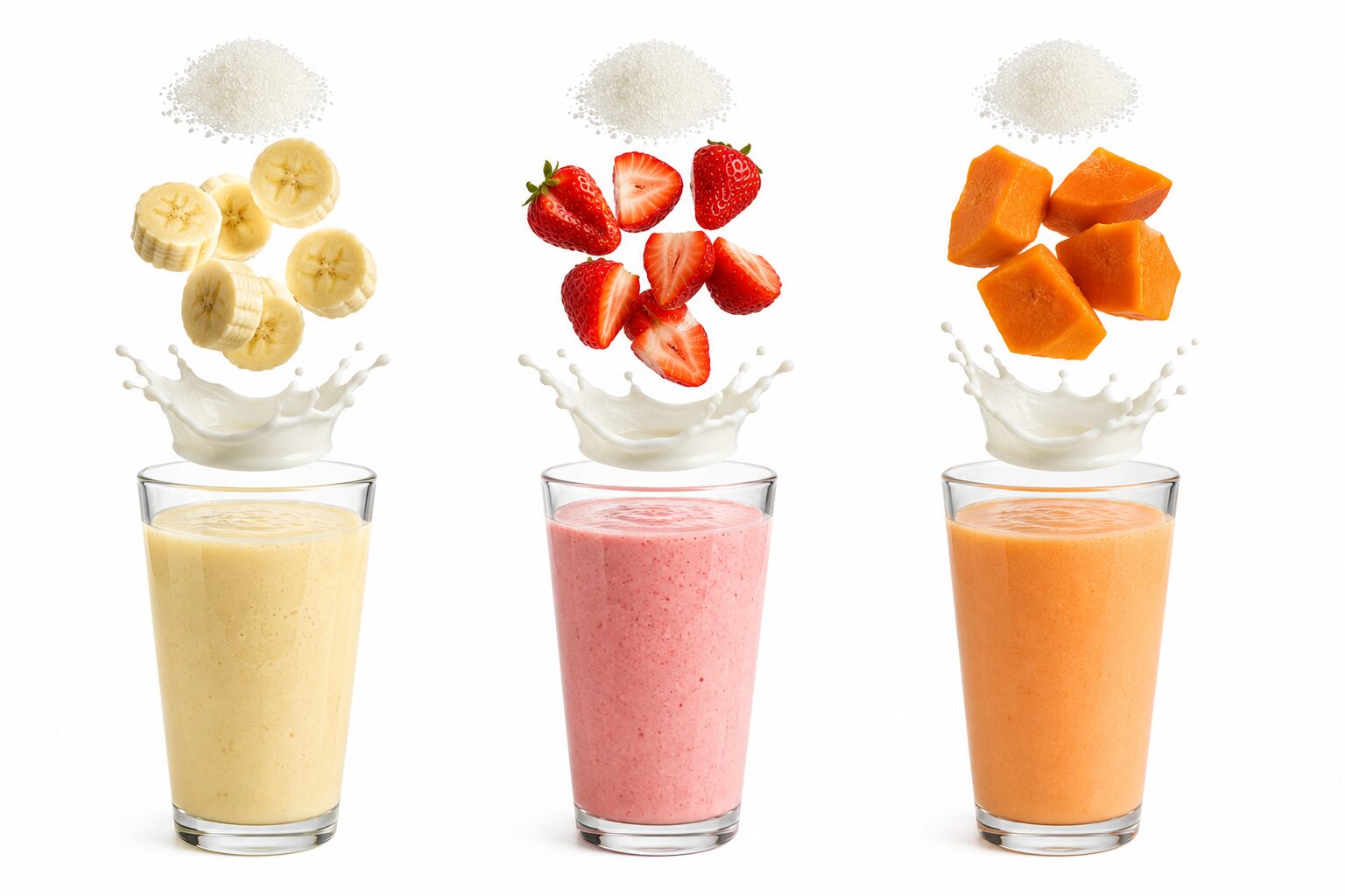 Licuados de plátano, fresa y mamey con ingredientes flotando: leche, fruta fresca y azúcar sobre vasos de cristal y fondo blanco.