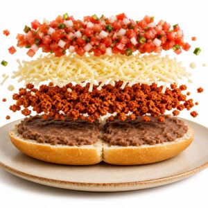 Molletes de longaniza con ingredientes flotando: bolillo, frijoles, longaniza desmoronada, queso manchego y pico de gallo sobre un plato con fondo blanco.