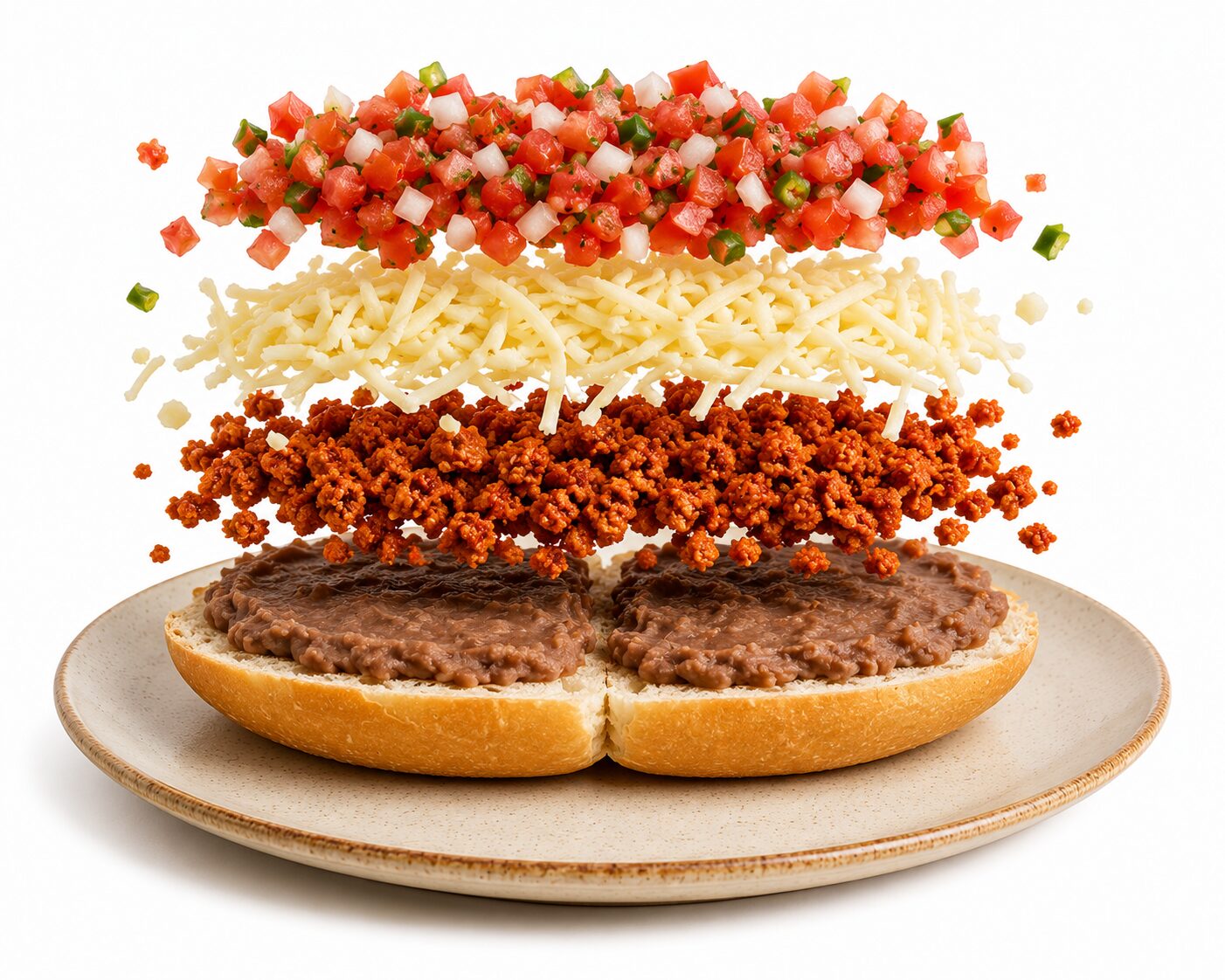 Molletes de longaniza con ingredientes flotando: bolillo, frijoles, longaniza desmoronada, queso manchego y pico de gallo sobre un plato con fondo blanco.