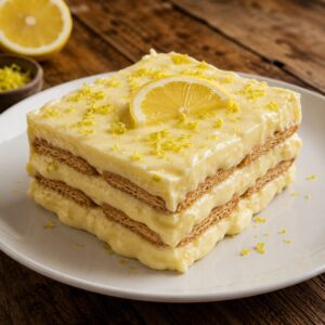 Rebanada de carlota de limón con capas de crema de limón y galleta sobre un plato blanco, decorada con ralladura y una rodaja de limón.