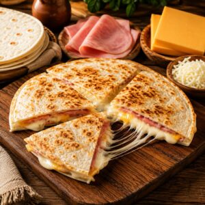 Sincronizada de jamón con quesillo y queso amarillo derretido, preparada con tortilla de harina recién dorada.