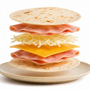 Sincronizada de jamón y queso con ingredientes flotando: tortilla de harina, jamón, queso amarillo tipo americano y quesillo sobre un plato con fondo blanco.