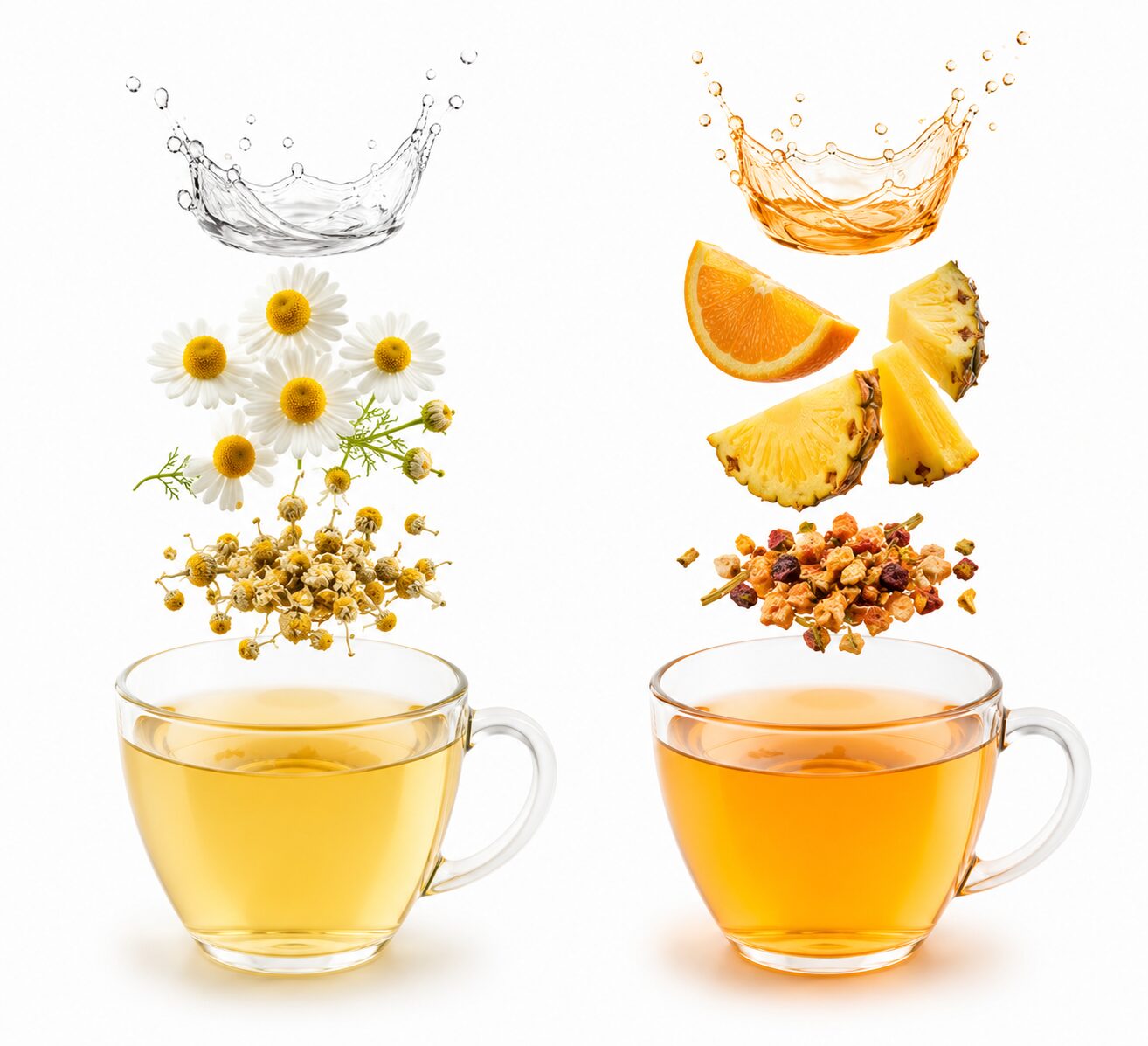 Té de manzanilla y té de naranja con piña con ingredientes flotando sobre tazas de cristal y fondo blanco.