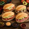 Selección de tortas artesanales mexicanas de milanesa de pollo, milanesa de res, salchicha y pierna española con frijoles, aguacate, jitomate, queso y mayonesa.