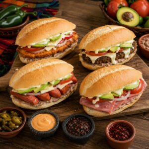 Selección de tortas artesanales mexicanas de milanesa de pollo, milanesa de res, salchicha y pierna española con frijoles, aguacate, jitomate, queso y mayonesa.