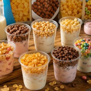 Vasos transparentes de cereal preparados con yogurt y leche sobre mesa de madera rústica, ideales para un desayuno fresco y práctico.