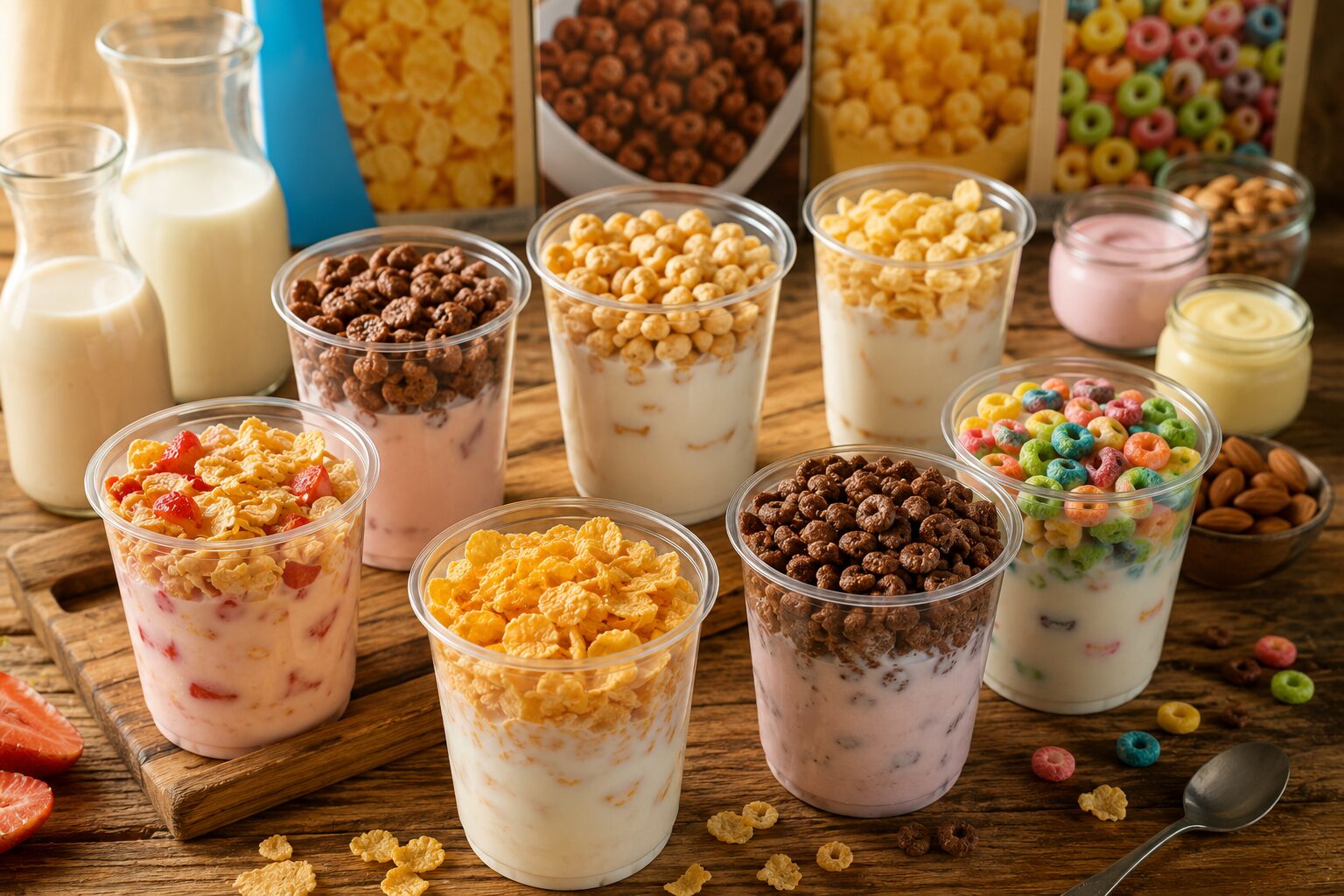 Vasos transparentes de cereal preparados con yogurt y leche sobre mesa de madera rústica, ideales para un desayuno fresco y práctico.