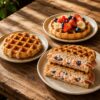 Tres waffles gourmet sobre una mesa de madera rústica: un waffle con miel de maple, otro con frutas frescas y un DeliWaffle relleno de jamón y untable especial de queso crema, zanahoria y arándanos.