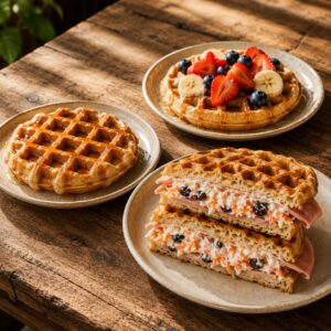 Tres waffles gourmet sobre una mesa de madera rústica: un waffle con miel de maple, otro con frutas frescas y un DeliWaffle relleno de jamón y untable especial de queso crema, zanahoria y arándanos.